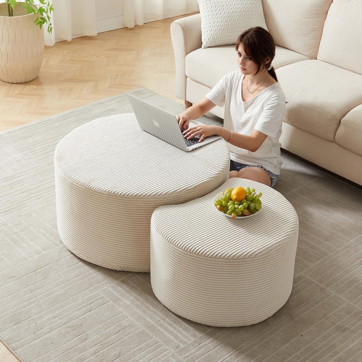 WILLIAMSPACE 50" Foam Nesting Coffee Table Set of 2, Modern Upholstered Round Center Tables for Living Room, Accent Side Tea Table Ottoman, No Assembly - Beige
