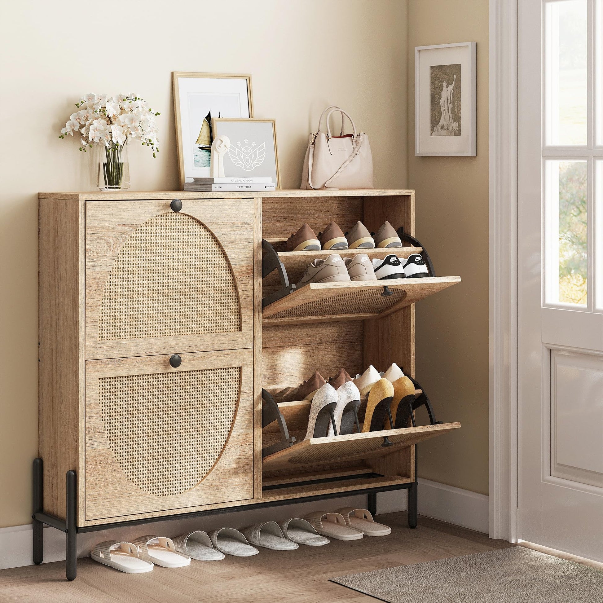 IRONCK Rattan Shoe Cabinet Storage with 4 Flip Drawers, Oak