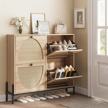 IRONCK Rattan Shoe Cabinet Storage with 4 Flip Drawers, Oak