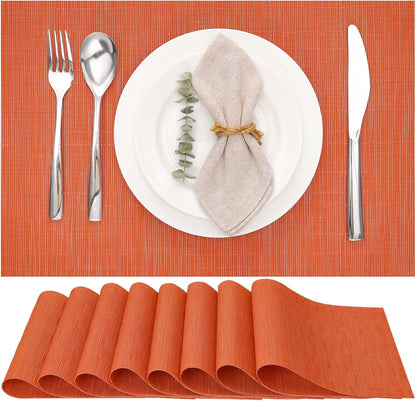 Myir JUN Placemats Set of 8, Vinyl Woven Placemats Place Mats Indoor Set of 8 Washable Table Mats Non-Slip Place mats for Dining Table (Orange, Set of 8)
