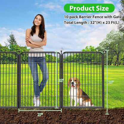 Decorative Black Metal Fencing Garden Fence with Gate, 23ft(L) 32in(H) 10 Fence Panels No Dig Fence Rustproof Animal Barrier Fence Temporary Dog Panels Fencing Outdoor