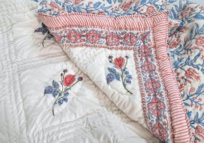 Twin Size Rose Pink Cotton Throw Blanket – 60x90 Hand Block Printed Lightweight Quilt – Soft Bedspread for Couch, Sofa & Bed – Cozy All-Season Boho Floral Blanket – Handmade in India