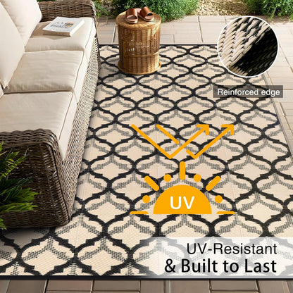 OLANLY Reversible Outdoor Rug 9x12 ft Clearance, Waterproof Outdoor Plastic Straw Rug with Interlacing Pattern, RV Mat for Patio, Camping, Balcony, Deck, Backyard, Black & Beige