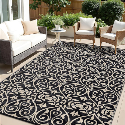 OLANLY Outdoor Rug Waterproof 6x9 ft Clearance, Reversible Outdoor Plastic Straw Rug with Floral Pattern, RV Mat for Patio, Camping, Balcony, Deck, Backyard, Black & Beige