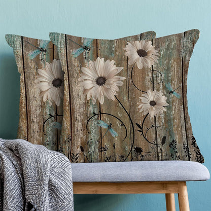CXMEIFLY Spring Floral Pillow Covers 18 x 18 Inch Set of 2 for Brown Wood Texture Daisy Flowers Decor Throw Pillows Dragonfly Plant Floral Outdoor Decorative Cushion Cases for Couch Bed Decorations