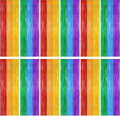 12 Pack Rainbow Backdrop, 3.28 FT x 7.05 FT Pride Decorations, Metallic Fringe Curtains Party Streamer Tinsel Backdrop, Rainbow Foil Curtains Birthday Party Decor Photo Booth Props
