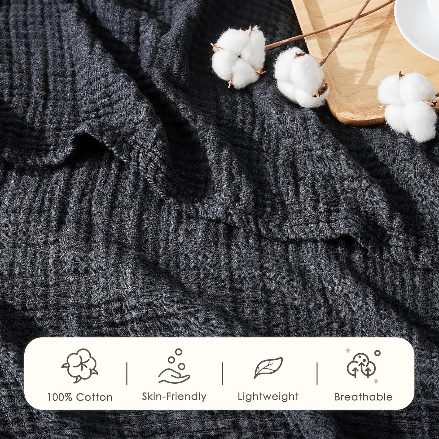 EMME Cotton Muslin King Blanket Bed Layering Breathable Gauze Blanket Soft Lightweight Blankets Adults (Black, 108"x90")