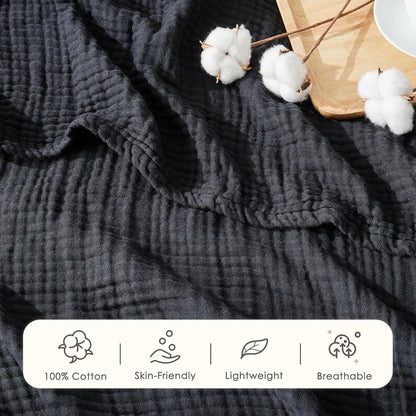 EMME Cotton Muslin King Blanket Bed Layering Breathable Gauze Blanket Soft Lightweight Blankets Adults (Black, 108"x90")