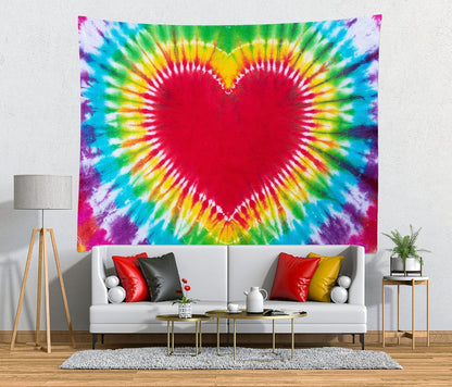 Loccor Colorful Tie Dye Tapestry Rainbow Heart Tie Dye Watercolor Wall Hanging Abstract Hippie Wall Decor LBGT Party Supplies Home Bedroom Living Room Decor W106 x H70 inches