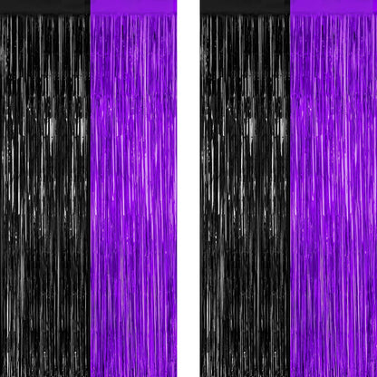 2 Pack Halloween Decor, 3.28 FT x 7.05 FT Purple and Black Foil Streamer, Metallic Fringe Curtains Tinsel Backdrop Party Streamer, Indoor Halloween Decorations Party Supplies Photo Booth Props