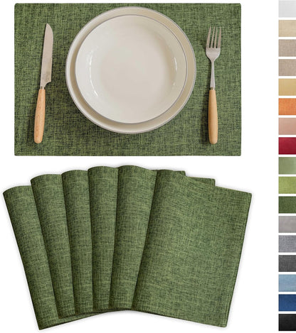 Demetex Green Placemats Set of 6 Vintage Cloth Textured Place Mats Stain Resistant for Holiday Barbecue and Dinning Table, Green