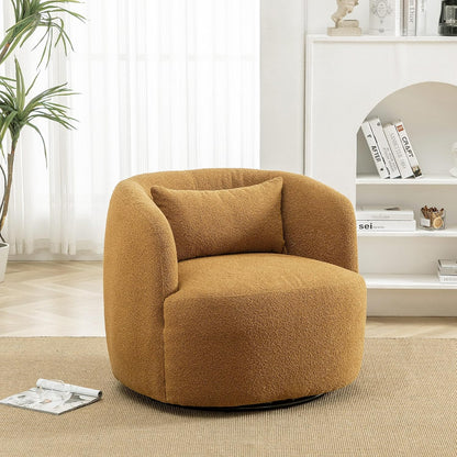 KINWELL 34" Wide Boucle Swivel Barrel Chair, No Assembly Round Upholstered Armchair Accent Chair Single Sofa Chair with Toss Pillow for Living Room and Bedroom, Brown