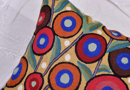 Yellow Floral Poppy Pillow Cover - Red Floral Outdoor Pillowcase - Suzani Accent Pillow - Flower Accent Cushions - Hand Embroidered Wool - Size 18x18