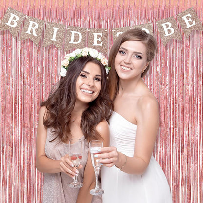 BRAVESHINE Rose-Gold Metallic Tinsel Backdrop - 2Pcs 3.2x8.2ft Metallic Tinsel Foil Fringe Curtains Photo Booth Streamers for 21-st Birthdays Bachelorette Engagement Bridal Shower Party Decorations