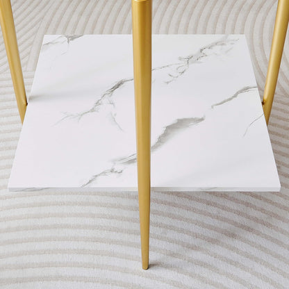 Square Glass End Table, Mid-Century Modern Design Sofa Table, for Living Room, L18 x W18 x H23, Clear Glass Top and White Marble MDF Shelf, Sleek Conical Metal Legs with Gold Finish