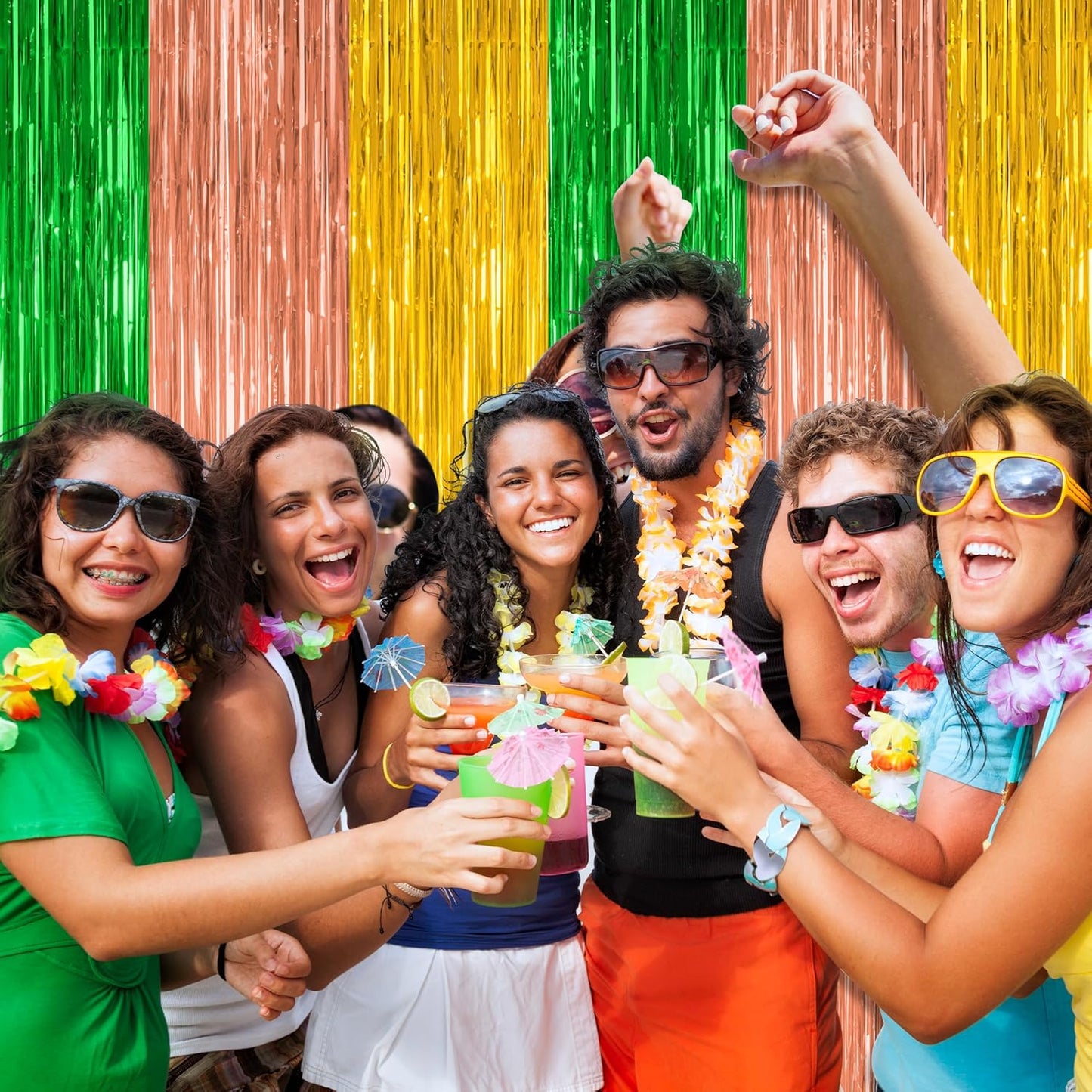 12 Pack Hawaiian Party Decorations, 3.28 FT x 7.05 FT Luau Party Decorations, Green Brown Yellow Luau Backdrop Fringe Curtains Foil Streamer, Metallic Summer Decor Luau Party Supplies