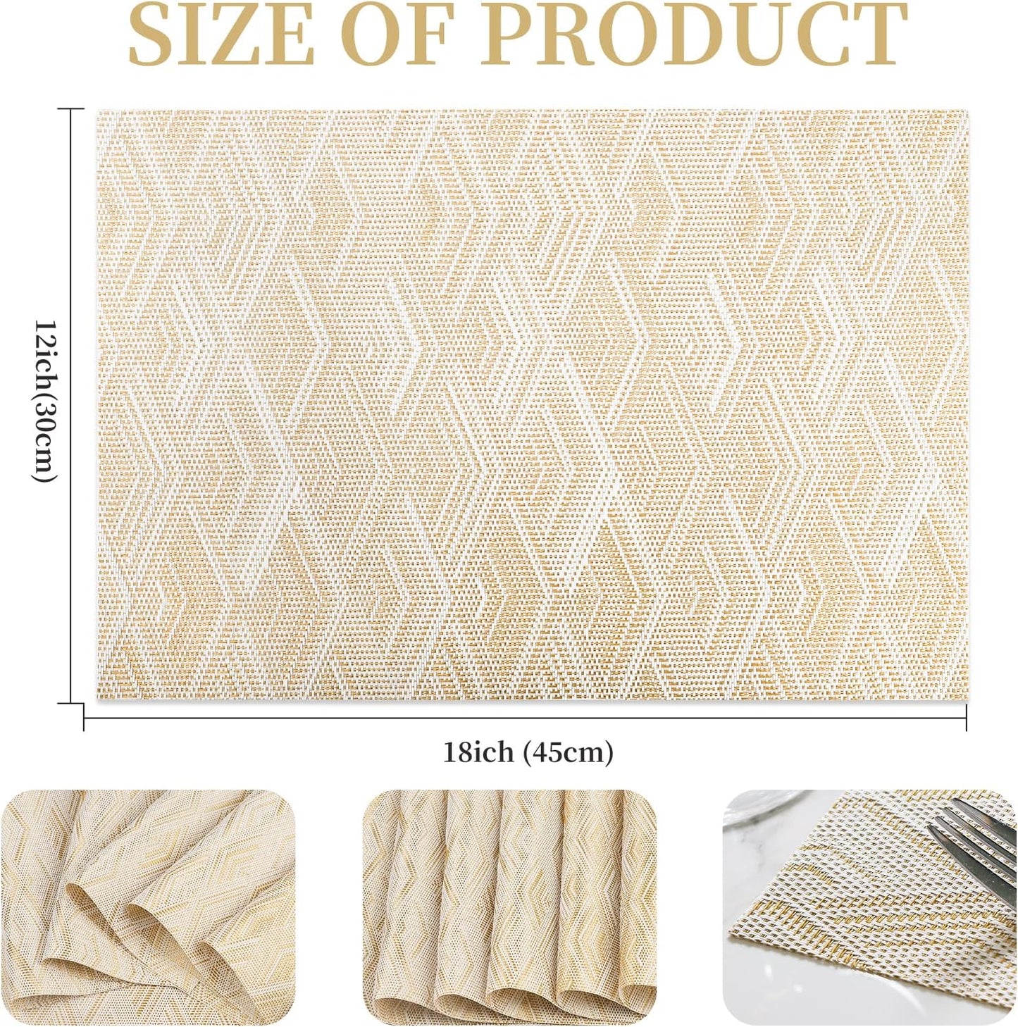 Vinyl Plastic Placemats Set of 6 Washable Heat Resistant Non-Slip Elegant Indoor Outdoor Kitchen Dining PVC Woven Table Place Mats (Gold Yellow Rhombus)