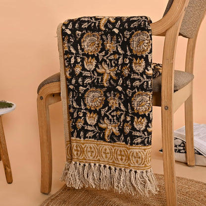Bohemian Floral Cotton Throw Blanket with Tassels | 48x70 Inch Handblock Printed Sofa Throw | Black & Gold Decorative Bed Cover | Lightweight Couch Throw for Living Room & Bedroom