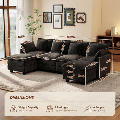 Ihanherry 106" L Shaped Modular Sectional Cloud Sofa, Modern 6 Seat Chenille Couch with Ottoman for Living Room, Bedroom and Apartment, Black
