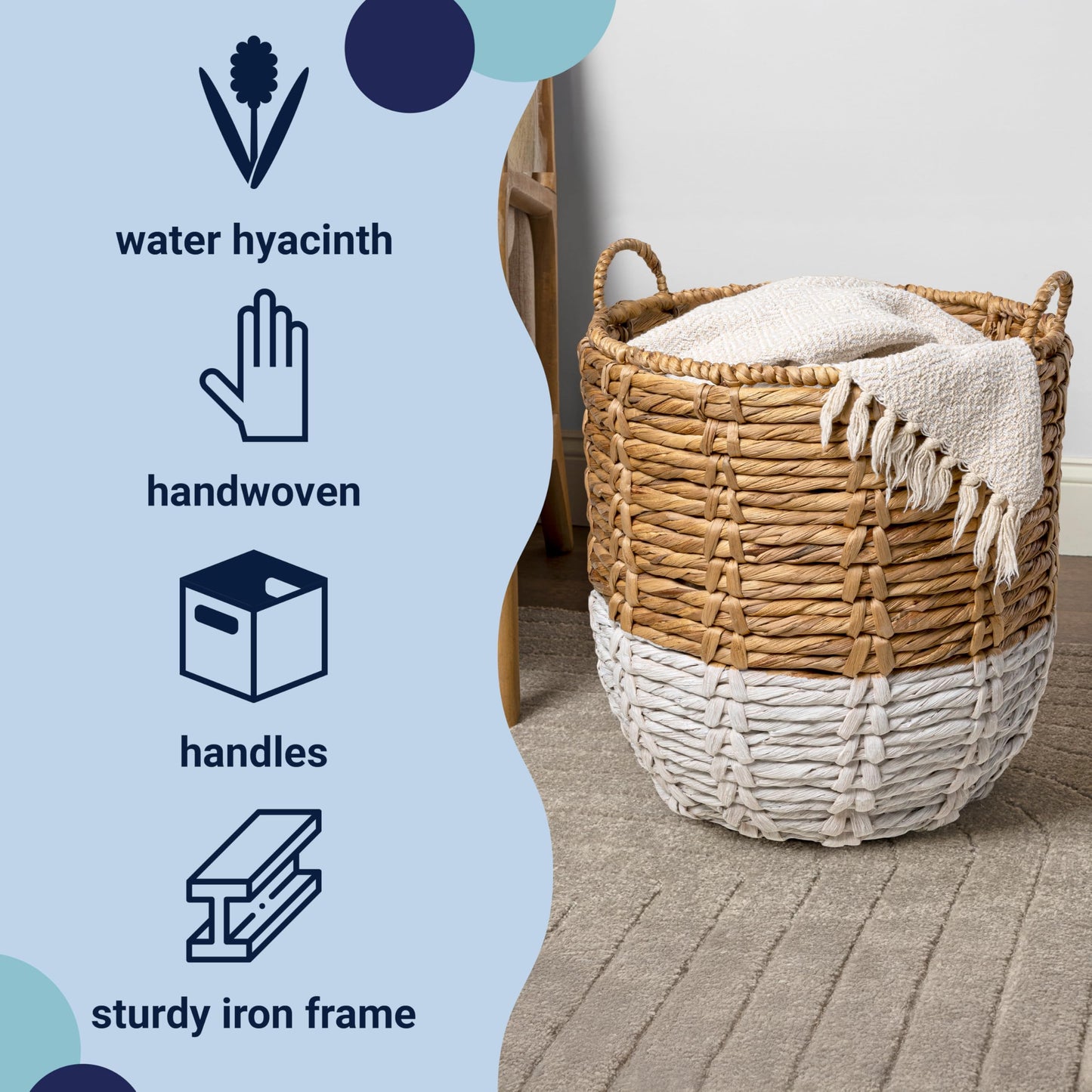 happimess Laurel Hand-Woven Abaca Storage Basket 19", Natural/White