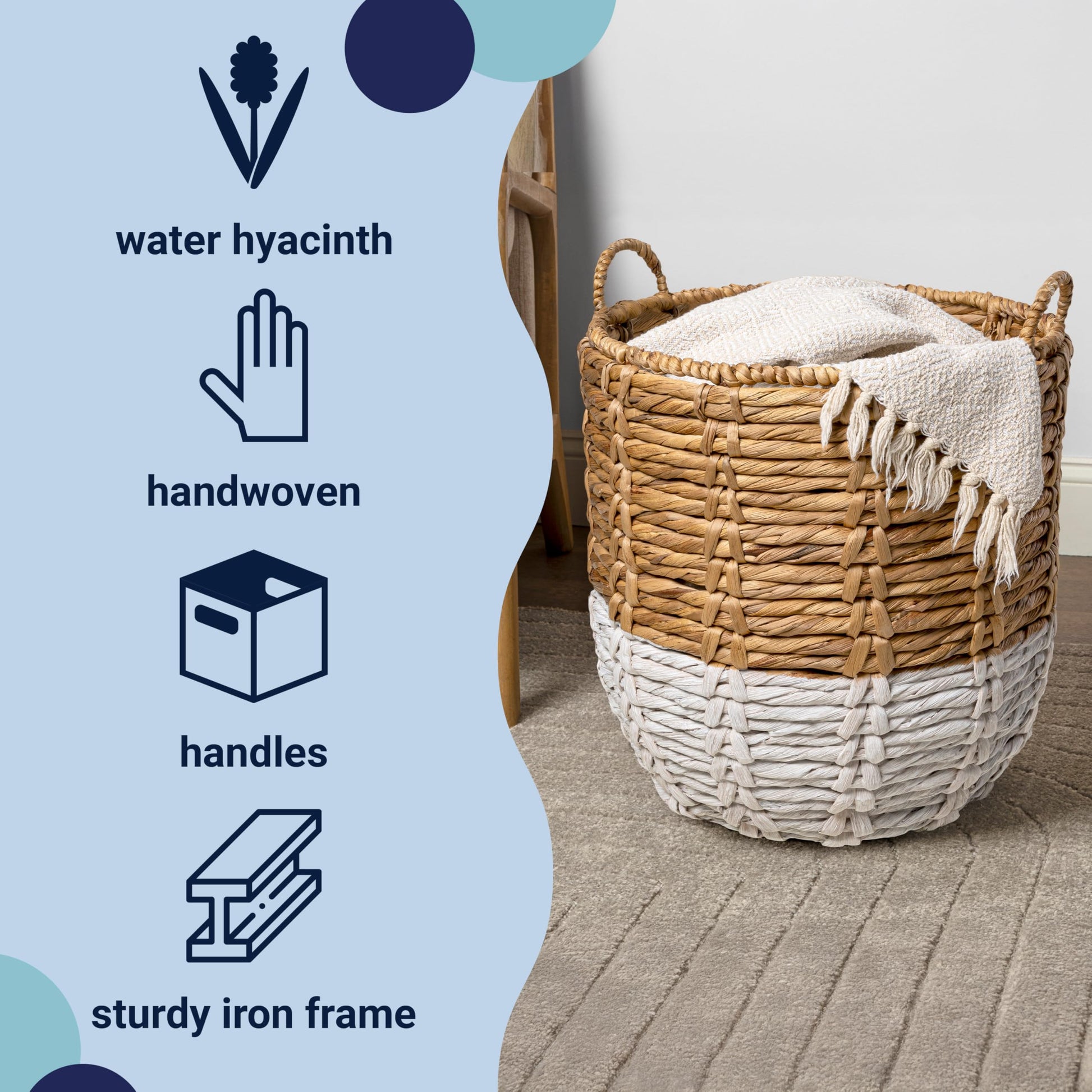 happimess Laurel Hand-Woven Abaca Storage Basket 19", Natural/White