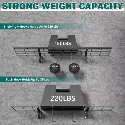 EVERHANGER Garage Wall Shelves, 12 X 48 Inch Wall Mounted Storage Shelves, Heavy Duty Metal Shelving with Hooks, 2 Pack, Black