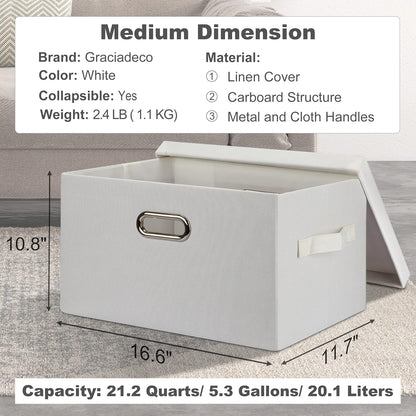 Medium 15" 21 Quart Collapsible Stackable Storage Bins with Lids, 5 Packs White Foldable Fabric Closet Storage Boxes with Lids, Lidded Heavy-duty Linen Baskets(15x11x8)