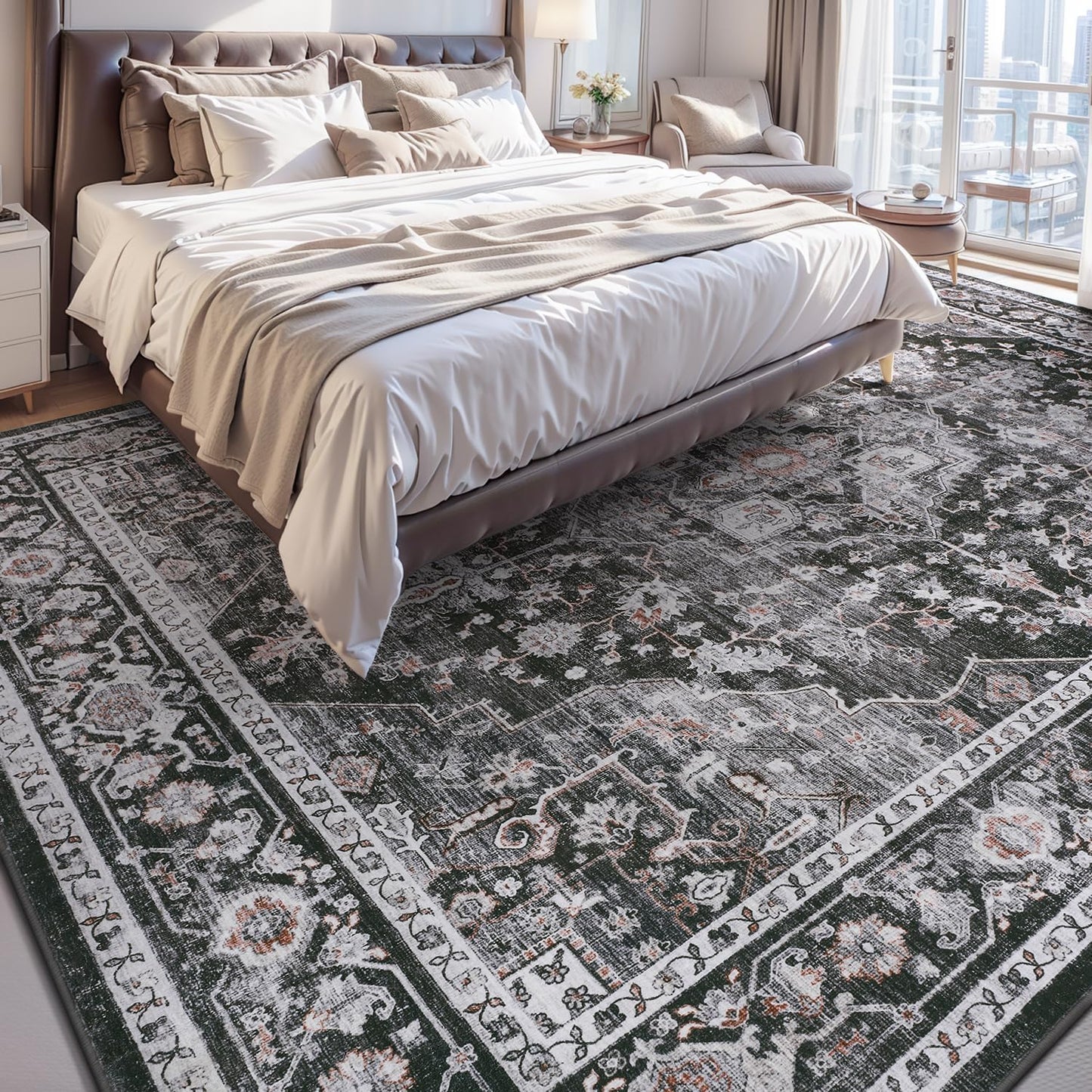 AMOAMI-Area Rug 8X10 Rugs for Living Room-Vintage Soft Black Rugs for Bedroom-Non Slip Carpet-Washable Rug for Dining Room Living Room Bedroom Office Under Table Dark Grey & Black