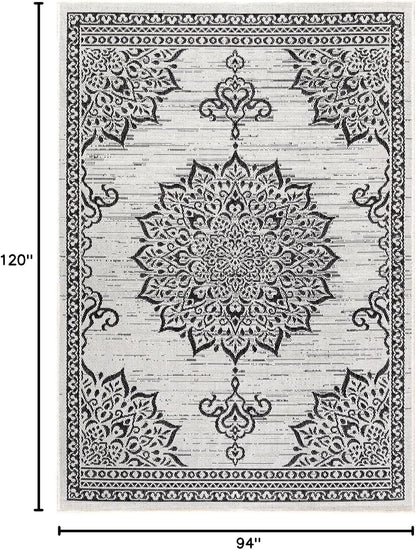 CAMILSON Outdoor Rug, 8x10 Medallion White Black Modern Area Rugs for Indoor and Outdoor Patios, Kitchen and Hallway Mats, Washable Porch Deck Outside Carpet (Medallion White, 8 x 10)