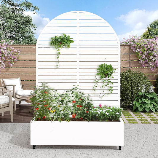 Casaphoria Metal Raised Garden Bed with Trellis and Wheels, 72"x47"x16" Arched Planter Box for Climbing Plants, Vegetables & Vines, Features Drainage Holes and Privacy Screen (White-Louvered)