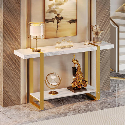 Huuger 47.2 Inch Entryway Table with Marble Top, 2-Tier Modern Console Sofa Table with Storage, Accent Table, for Entry, Hallway, Entrance, Foyer, T-Shaped Metal Frame, White Marble & Gold