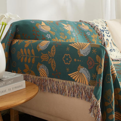 Boho Throw Blanket for Bed 80”x90”, 100% Cotton Woven Blanket for Couch Sofa, Ultra Soft 4-Layer Muslin Quilt with Bird Floral Printed, Farmhouse Bed Blanket/Cover for Living Room Decor