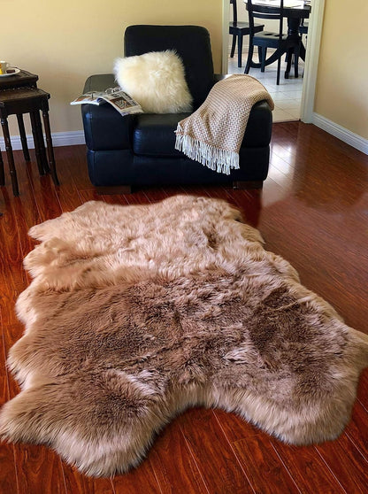 LAMBZY Faux Sheepskin Hypoallergenic Free Shape Silky Shag Rug, Luxury Shaggy Silky Plush Carpet for Bedrooms Rugs Living Room Kids Rooms Sofa Floor Rugs (Quarto 4 Pelts 4'x6', Camel)
