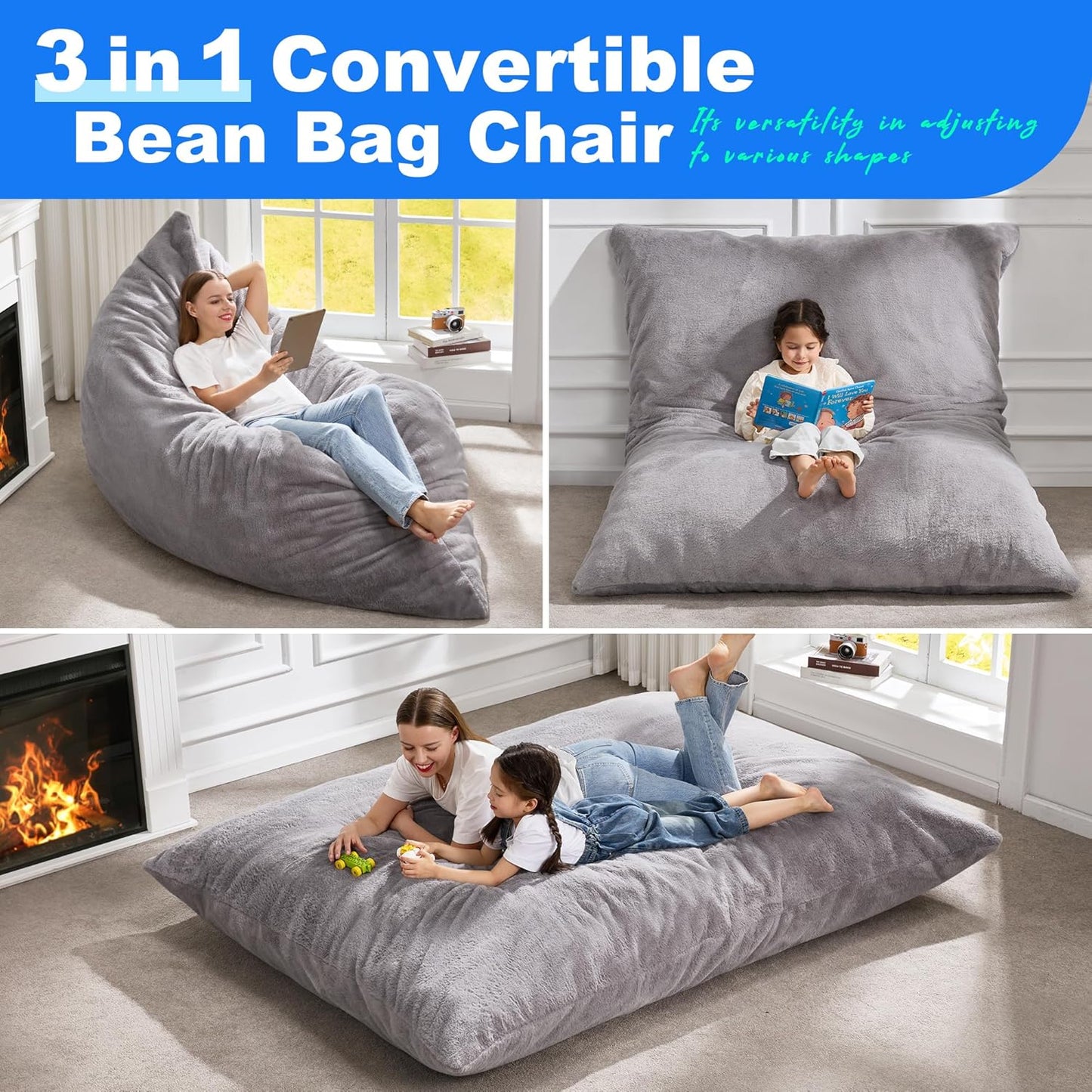 Hobestluk 3 in 1 Bean Bag Chair Giant Bean Bag Chairs for Adults with Chevron Plush Fur Cover Convertible Bean Bag Floor Cushion with Machine Washable Cover for Living Room (Plush Grey)