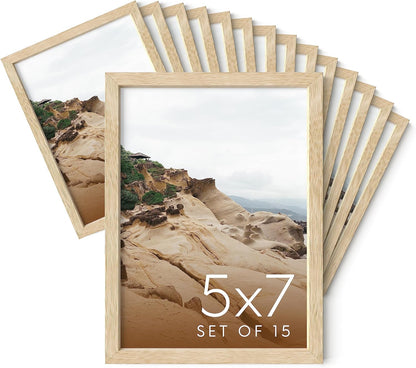 Haus and Hues 5x7 Natural Oak Wood Photo Frame Set of 15 - Mini Picture Frames Bulk Gallery Set - Premium Bulk Picture Frames 5x7 for Stylish Photo Gallery Wall Frame Set - Ideal for Home & Office