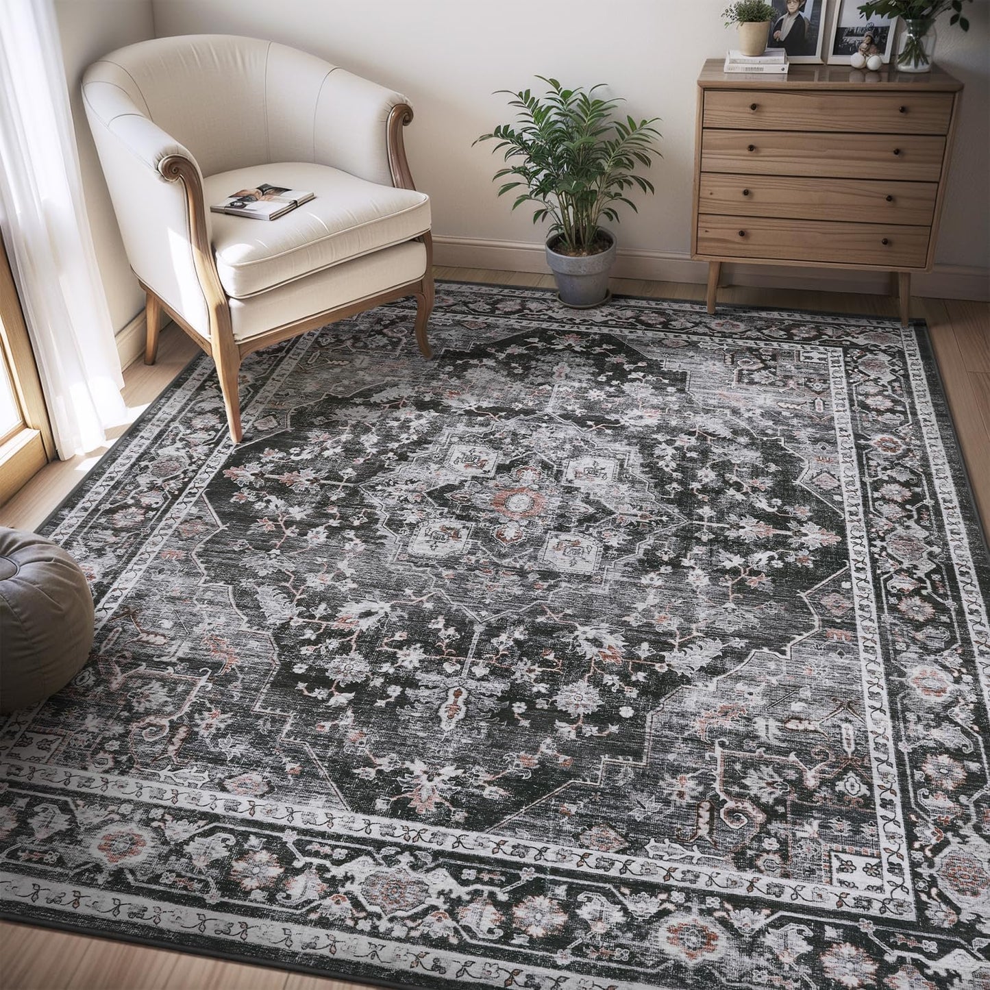 AMOAMI-4X6 Area Rugs for Living Room -Soft Vintage Bedroom Rug-Non Slip Washable Rug-Throw Rugs for Living Room Bedroom Bedside Dining Room Office Dark Grey & Black