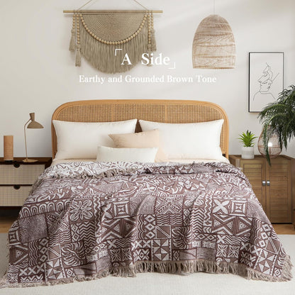 Boho Throw Blanket Full Size, Extra Large Soft Cozy Cotton Muslin Quilt Blanket for Bed Decor, Patchwork Block Couch Sofa Chair Cover, Vintage Farmhouse Cottage Woven Blanket, Brown&White