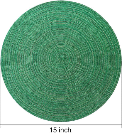 AHHFSMEI Round Braided Placemats Set of 6 Round Table Mats for Dining Tables Natural Woven Heat Resistant Place mats 15 Inch (Christmas Green, 6)