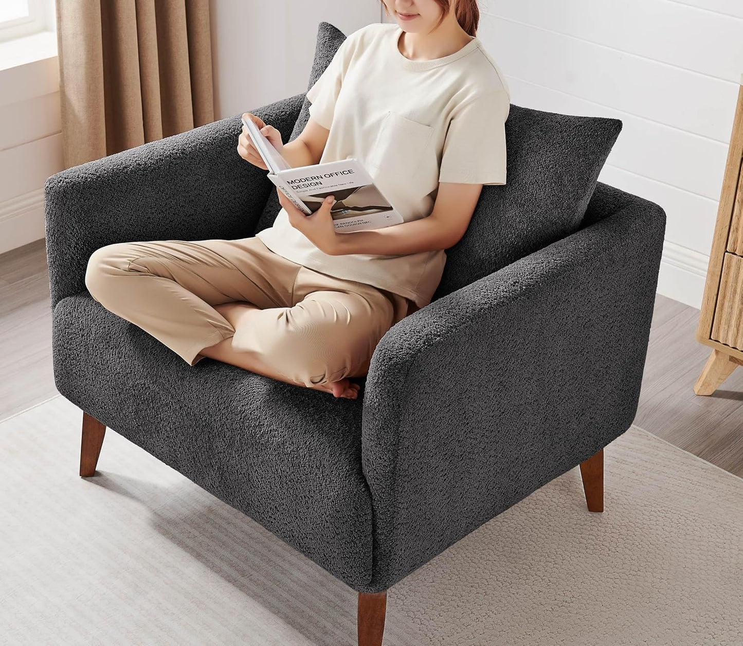 Oversized Accent Chair Modern Boucle Armchair for Living Room Sets of 2 - 37" Wide & Cozy Reading Chair with Solid Wood Legs, Dark Gray Upholstered Lounge Chair for Bedroom & Office (Easy Assembly)