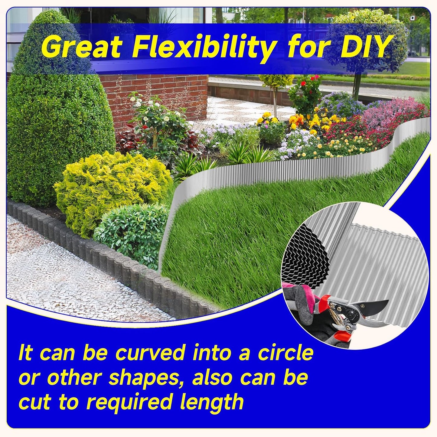 Corrugated Garden Edging,12"×20Ft Galvanized Steel Landscape Edging & Lawn Edging Border,Metal Garden Border for Flower Beds,Garden,Lawn,Raised Beds & Tree Surrounds(Silver)