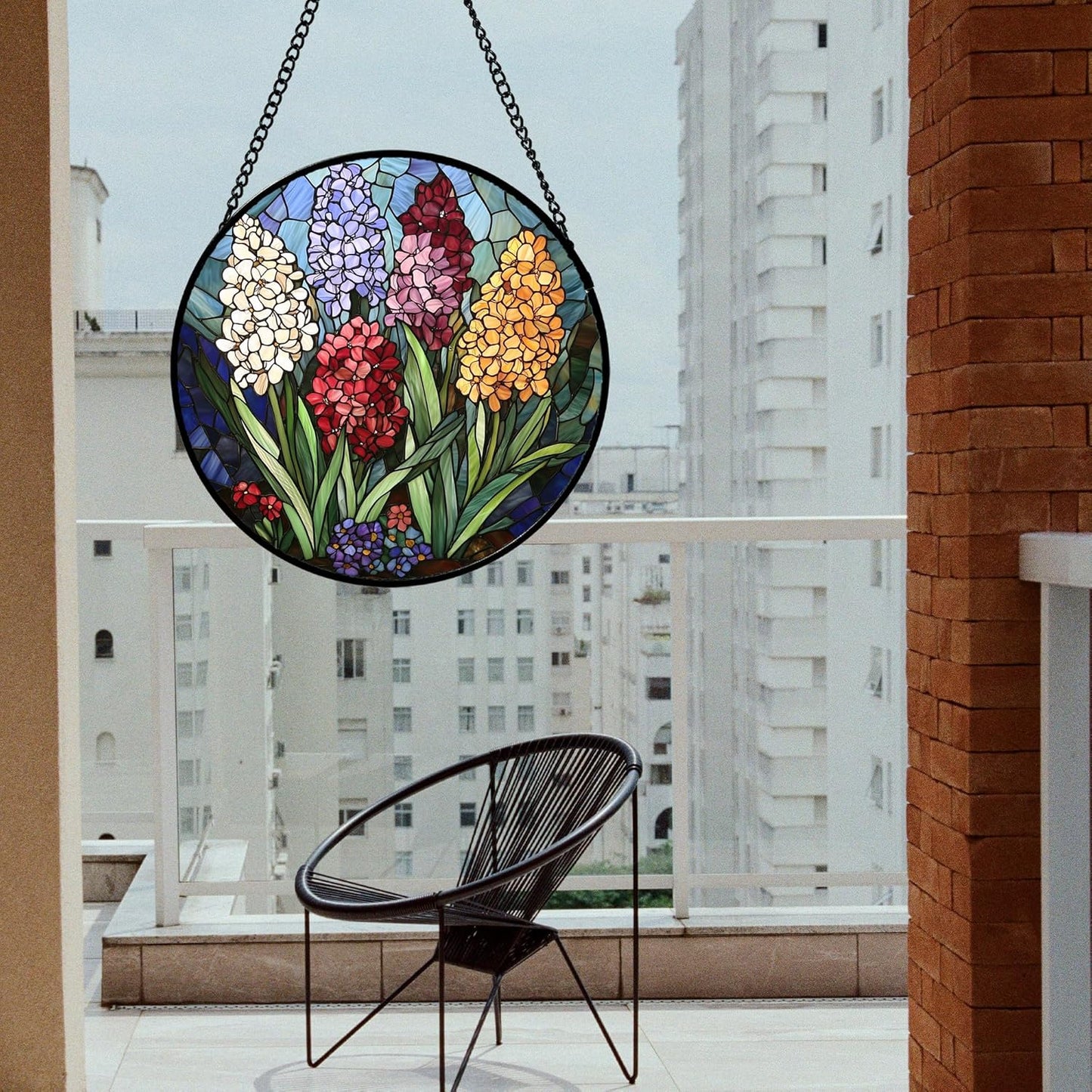 Stained Glass Window Hanging, Colorful Hyacinth Flowers Suncatcher for Doors Window Home Plant Sun Catchers Decoration Mother's Day Birthday Gifts for Women, Men, and Mom 9.8x9.8 in