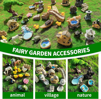 37PCS Fairy Garden Accessories, Miniature Nature Village Theme Fairy Garden Supplies for Outdoor, Mini Resin Animals House Bridge Pool Figurines Micro Landscape Succulent Plant Pots Terrarium Decor