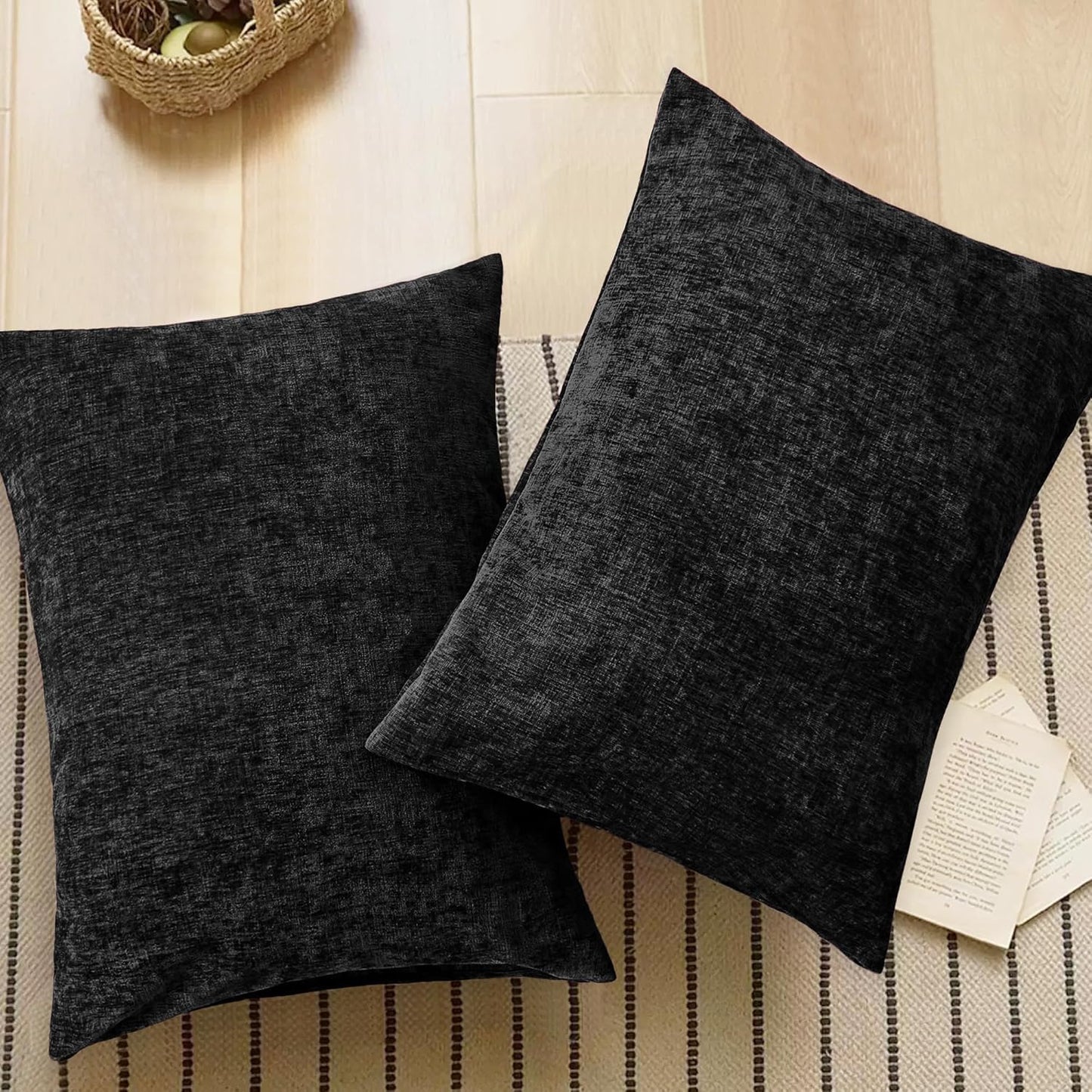 CaliTime Throw Pillow Covers Decorative 20 X 26 Inches Pack of 2 Cozy Chenille Standard Pillow Shams Cases for Couch Sofa Bed Living Room Home Black