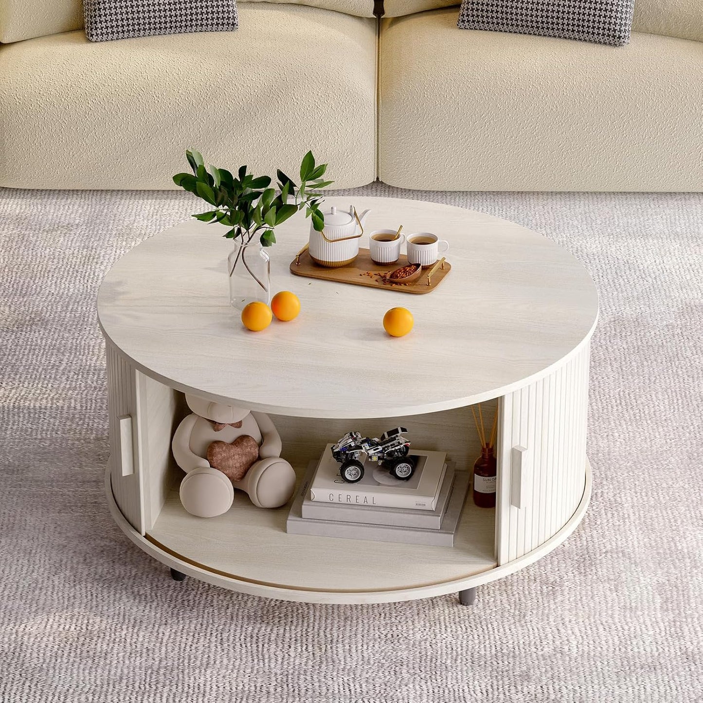 Round Coffee Table with Storage, 31.5" Modern Coffee Table with 360° Curved Sliding Door, Fluted Wood Coffee Table with Adjustable Footpads, Round Center Table for Living Room, Natural White