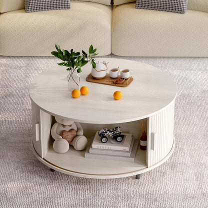 Round Coffee Table with Storage, 31.5" Modern Coffee Table with 360° Curved Sliding Door, Fluted Wood Coffee Table with Adjustable Footpads, Round Center Table for Living Room, Natural White