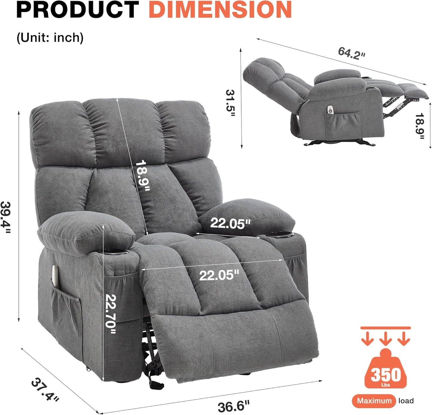 Massage Rocker Recliner Chair with Heat, Ergonomic Overstuffed Reclining Lounge Chair with Side Pockets, USB Charging Port, Sturdy Metal Frame, Comfortable Modern Design for Living Room