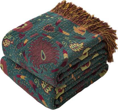 Boho Throw Blanket Twin Size, Soft Cozy Cotton Muslin Quilt Blanket for Bed Decor, Floral Patterned Couch Sofa Chair Cover, Vintage Farmhouse Cottage Tapestry Woven Blanket, Green&Orange