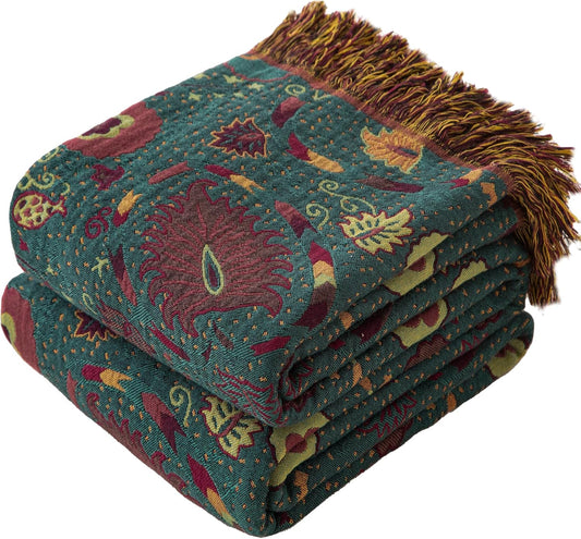 Boho Throw Blanket Twin Size, Soft Cozy Cotton Muslin Quilt Blanket for Bed Decor, Floral Patterned Couch Sofa Chair Cover, Vintage Farmhouse Cottage Tapestry Woven Blanket, Green&Orange