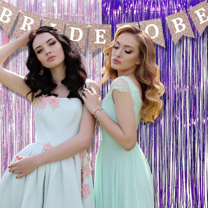 BRAVESHINE 1 Purple 1 Pink Streamers Party Photo Backdrop - 3.2 ft x 8.2 ft Metallic Tinsel Foil Fringe Curtains for Valentine’s Day/Women Birthdays/Engagement/Bridal Shower/Bachelorette Decorations