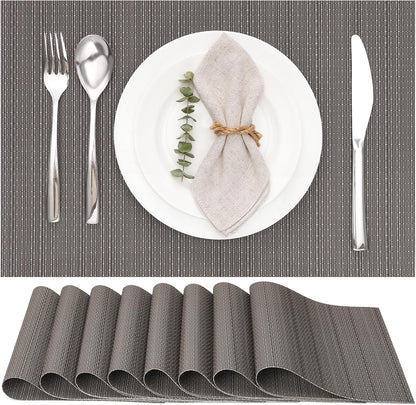 Myir JUN Placemats Set of 8, Vinyl Woven Placemats Place Mats Indoor Set of 8 Washable Table Mats Non-Slip Place mats for Dining Table (Dark Gray, Set of 8)